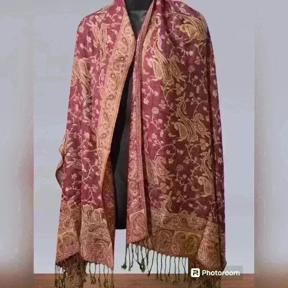 Pashima Reversible Scarf Wine&Gold - Picture 3 of 6